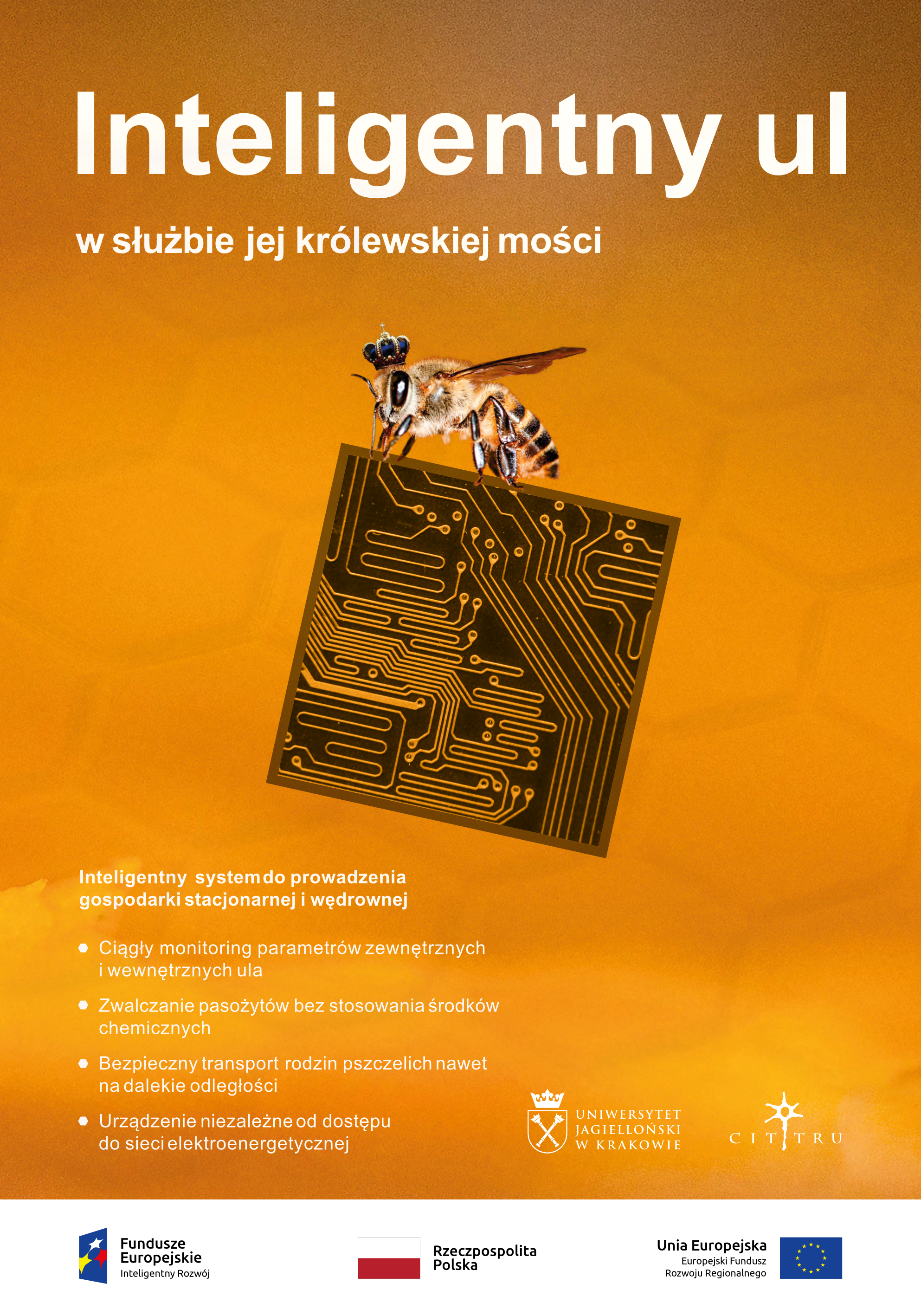 Plakat przedstawia pszczołę w koronie siedzącą na chipie.