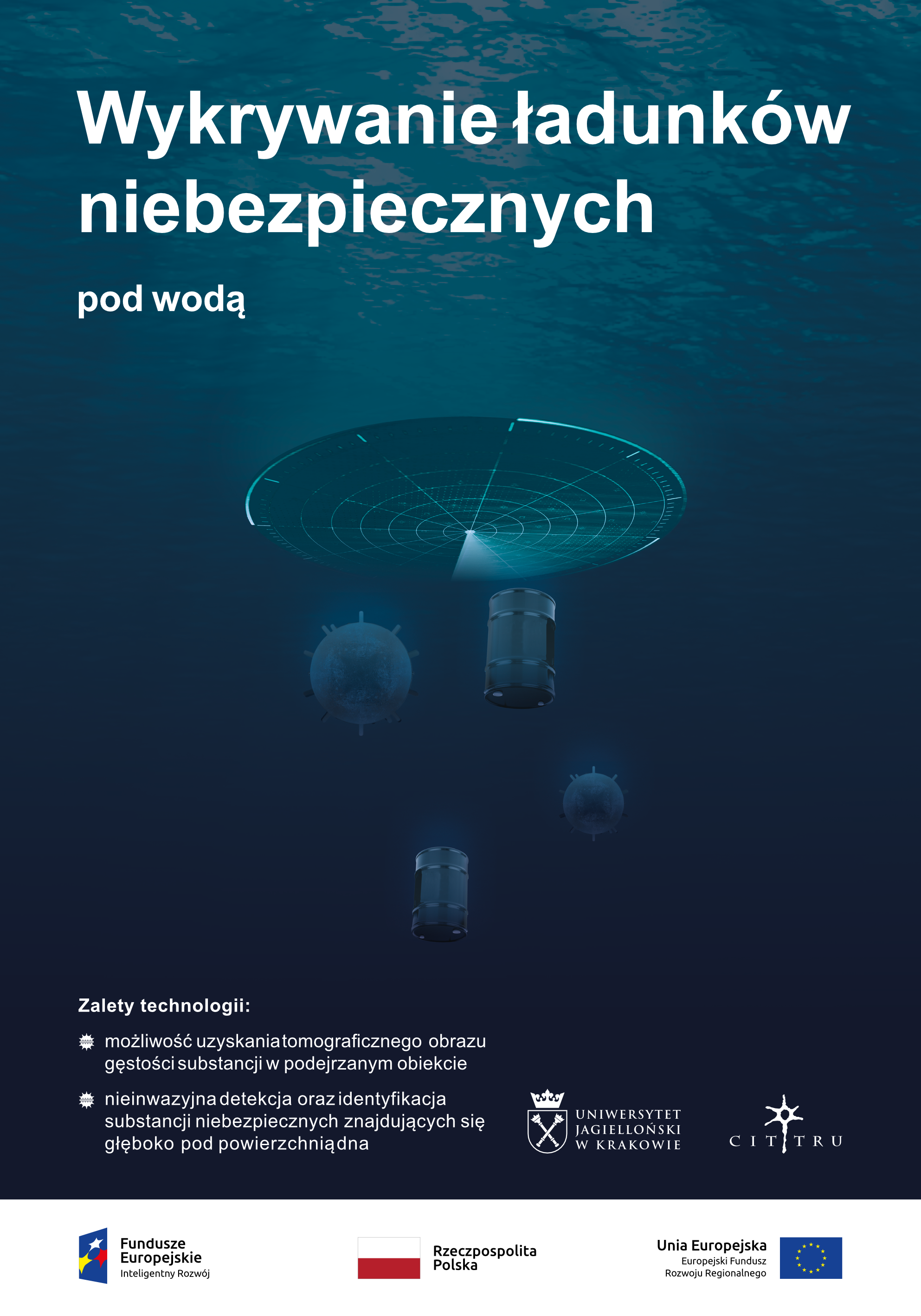 Plakat przedstawia owalny radar pod wodą oraz miny i beczki.