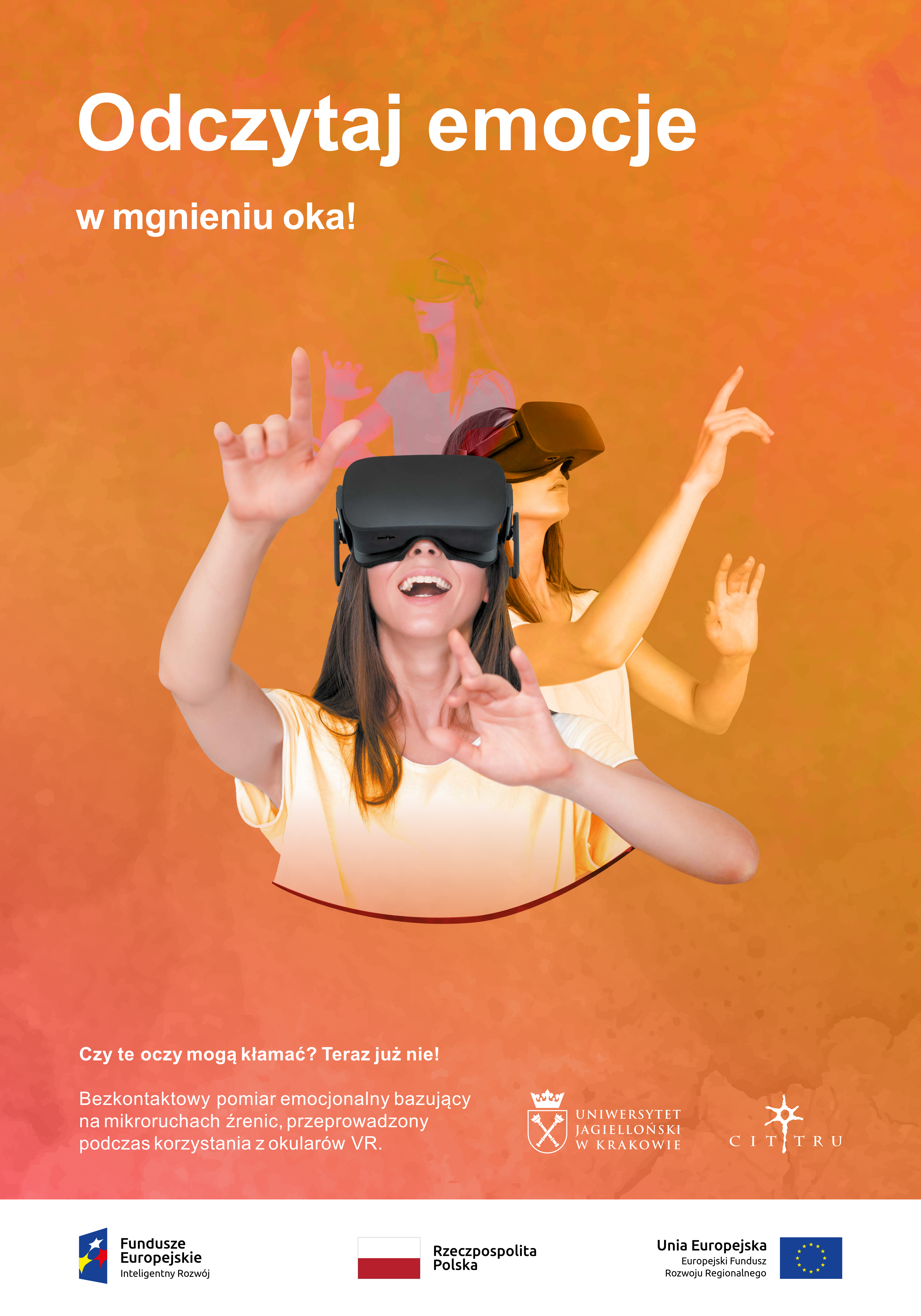 Plakat przedstawia kilka ciemnowłosych kobiet gestykulujących rękami. Na głowie ma założone gogle VR.