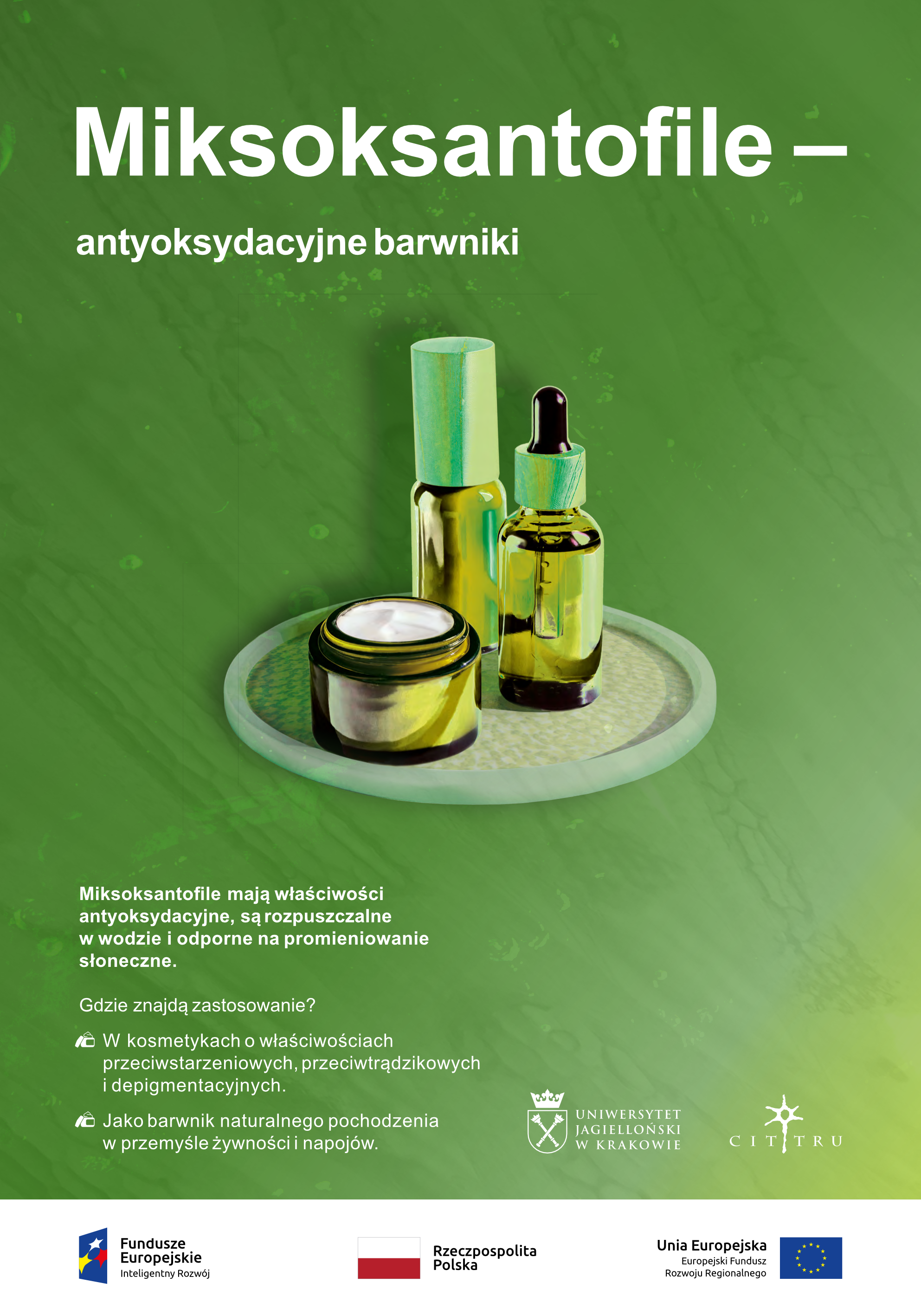 Plakat przedstawia butelki kosmetyków.