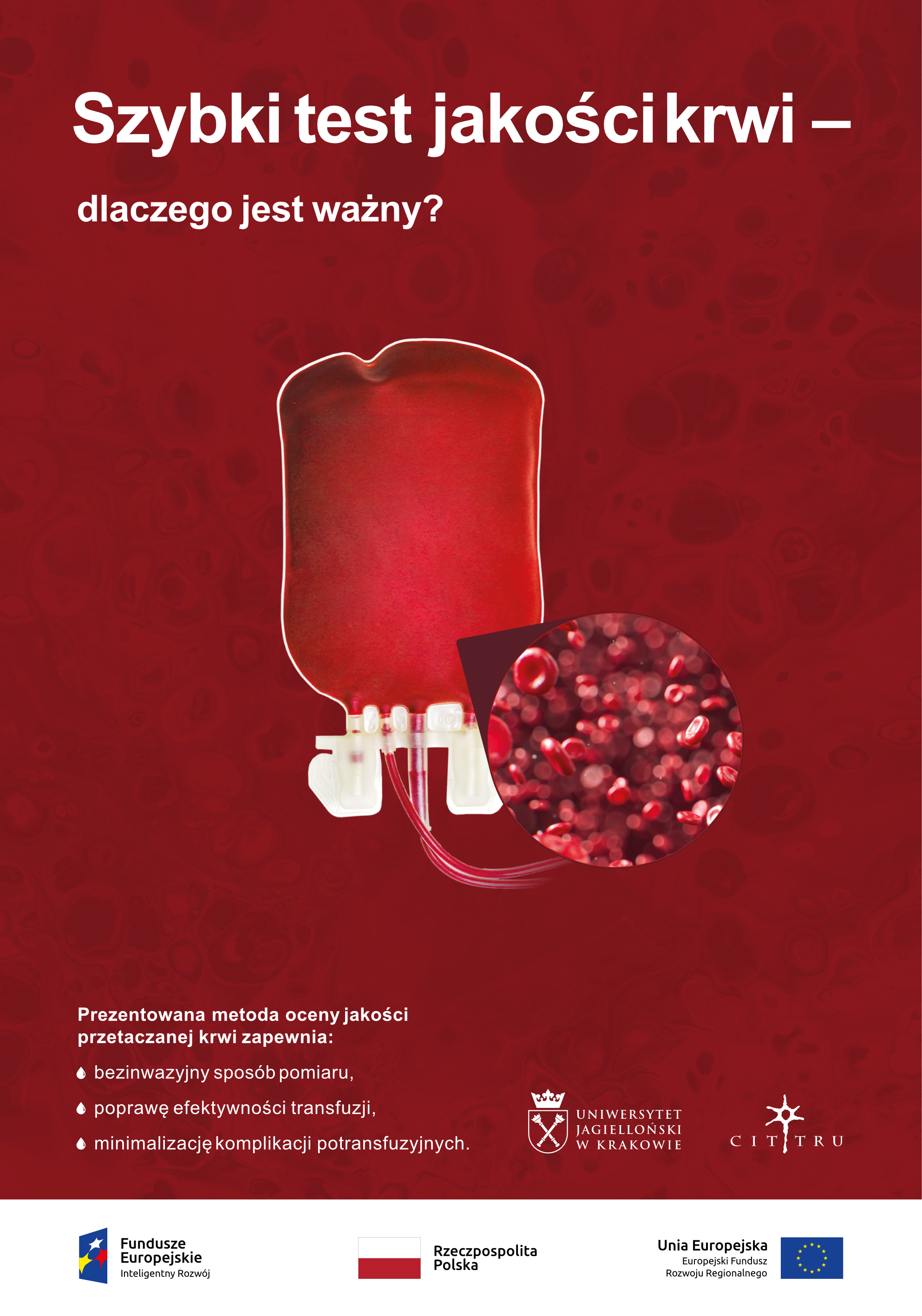 Plakat przedstawia worek krwi z lupką powiększającą ukazującą krwinki