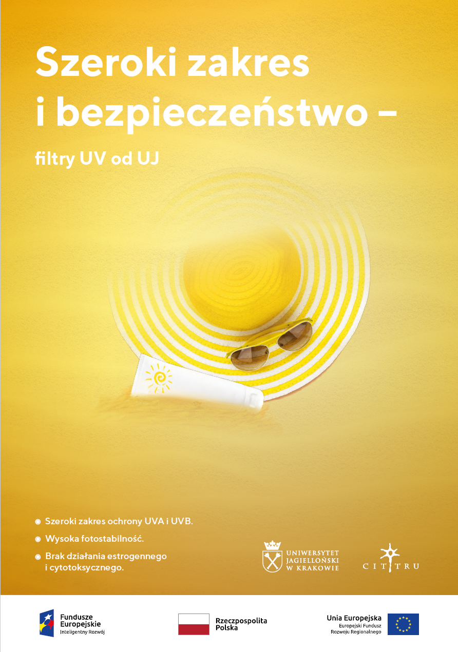 Plakat przedstawia kapelusz, okulary i krem położone na piasku