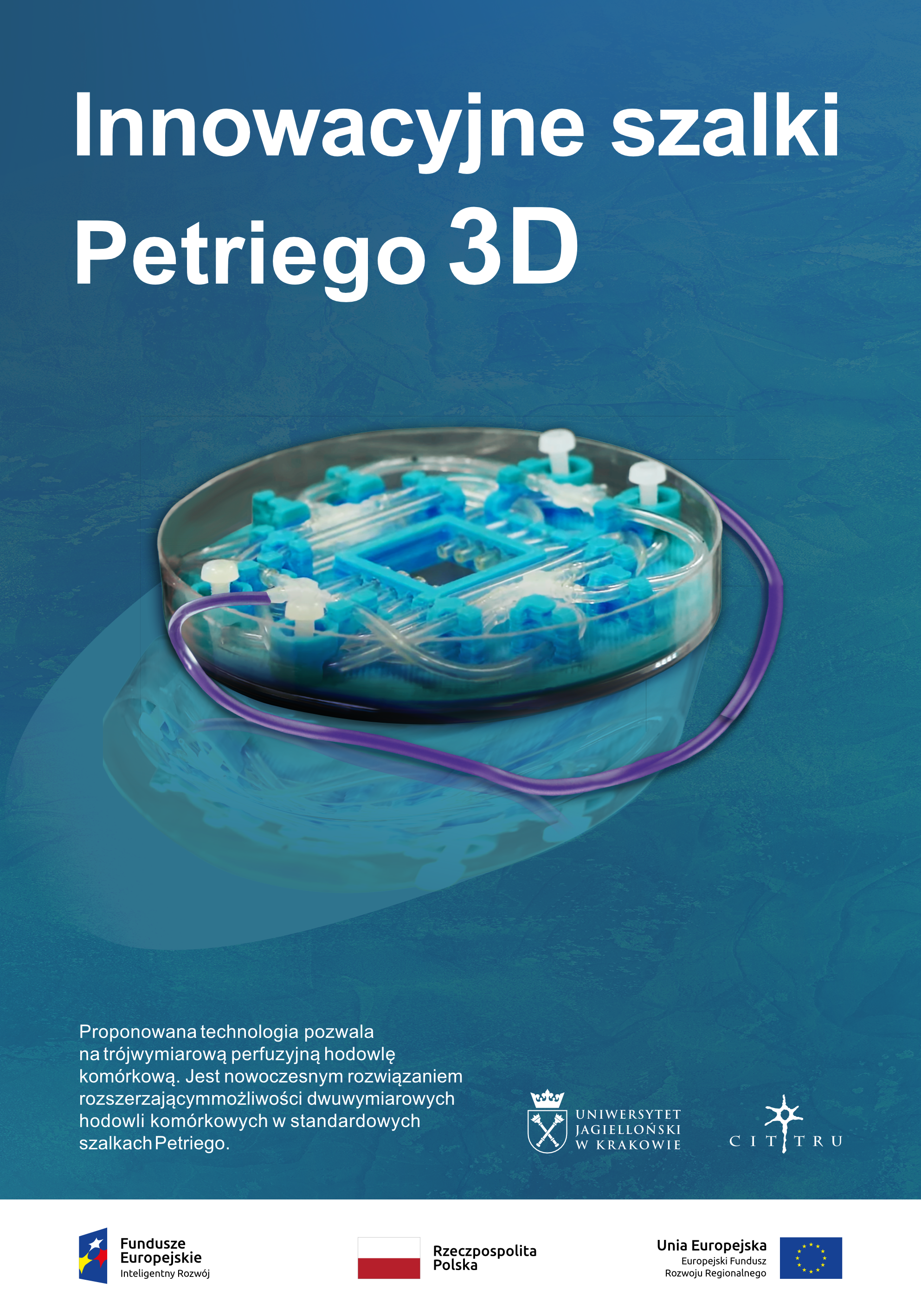 Plakat przedstawia szalki petriego 3D